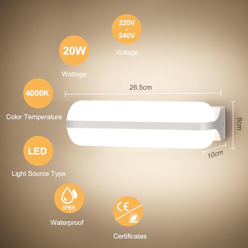 VivaLet Outdoor/Indoor Wall Light 20W 2000LM, Up & Down Lighting Wall Lamp, 4000K IP65 Outdoor Light for Humid Rooms, Balcony, Bathroom, Hallway, Basement, Garden, Toilet