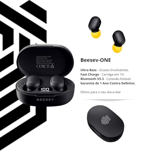 Fone de Ouvido Bluetooth 5.3 TWS Sem Fio Wireless Com Visor Graves Potente Compatível com iOS e Android, Beesev-ONE (Preto)