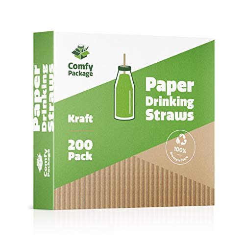 Kraft Paper Drinking Straws [200 Pack] 100 Biodegradable & Inkfree