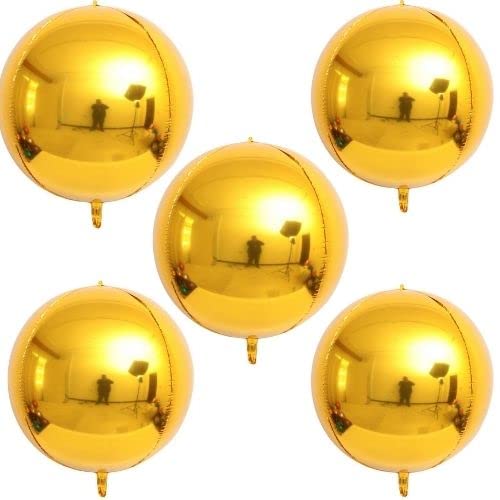 5Pcs Large 4D Giant Round Foil Balloon Big Mirror Metallic Orbz Mylar Sphere Balloons for Girl Boy Birthday Party Wedding Baby Shower Decoration Supplies(22inch)(Gold)