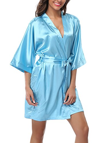 FADSHOW Women's Plus Size Solid Color Kimono Robes Bathrobes Short Wedding Robes for Bridal Party,Acid Blue,XX-Large