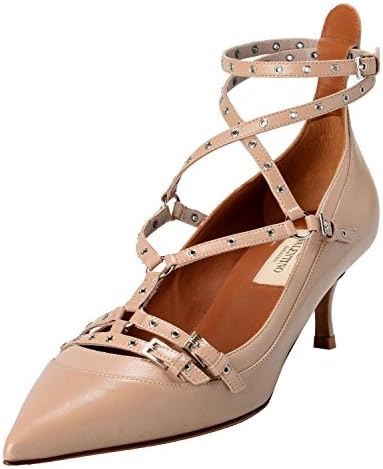Valentino Garavani Women's Leather Beige Ankle Strap Kitten Heels Shoes
