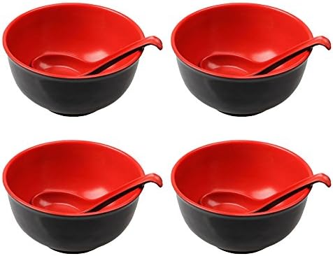 Plastic Noodle Soup Bowls and Spoons Set, Oriental Spoons, Rice Won Ton Spoons, Red/Black Bowls, Set of 4