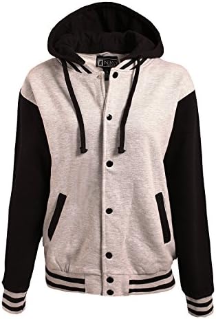 Lurelulu Women's Letterman Varsity Baseball Jacket with Removable Hood GRAY/BLACK X-LARGE