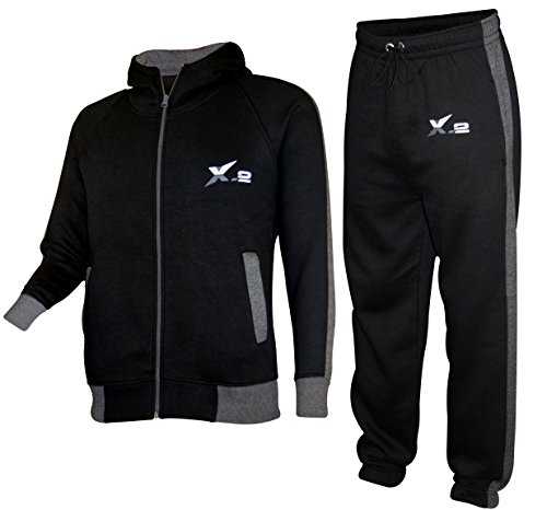 X-2 Mens Athletic Full Zip Fleece Tracksuit Jogging Sweatsuit Activewear Hooded Top Black L