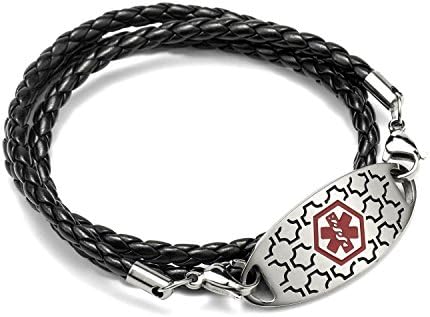 BAIYI Medical Alert ID Bracelets Stainless Steel Tags with Black Braided Leather Wrap Around Bangle (Free Engraving)