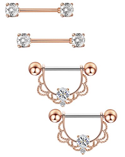 Masedy 2 Pairs 14G 316L Stainless Steel Nipplerings Nipple Tongue Rings Barball CZ Body Piercing Rose Gold