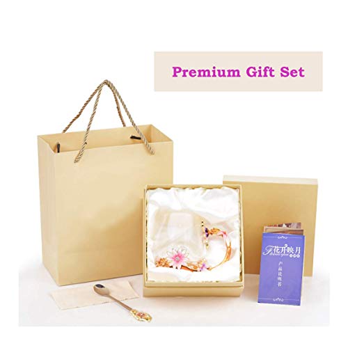 ALITA Luxury Handmade Pink and Purple Flower Crystal Glass Tea Cup/Coffee Mug with Spoon Gift Set (11oz)