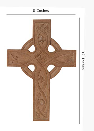 The StoreKing Handmade Classic Wooden Wall Cross Plaque 12" Long Hanging with Hand Carvings Religious Altar Home Living Room Decor