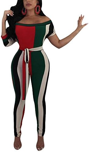 Women Sexy Strip Print Off The Shoulder Belted One Piece Bodycon Jumpsuit Long Pants Romper Party Clubwear Green Strip S