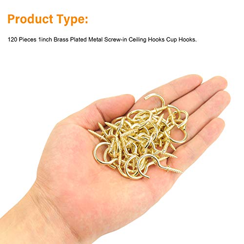 Powlankou 1inch Brass Plated Metal Screw-in Ceiling Hooks Cup Hooks, 120 Pieces