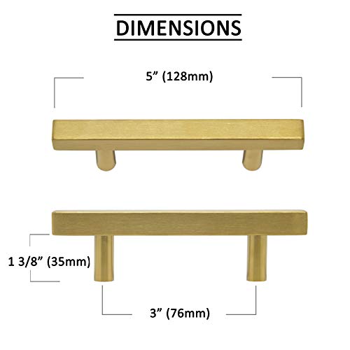 Brushed Brass Drawer Pulls 3" 76mm Pack of 12 Kitchen Furniture Hardware Bathroom Cupboard Door Pull Handles Gold Cabinet Knobs T Square Bar Handle 5" 128mm Length