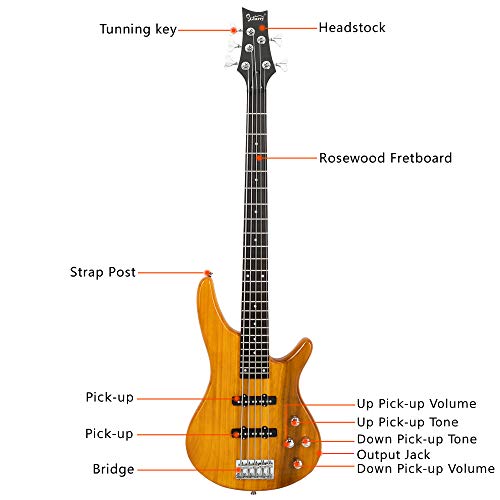 Exquisite Stylish GIB Electric 5 String Bass Guitar Full Size Bag Strap Pick Connector Wrench Tool (Transparent Yellow)