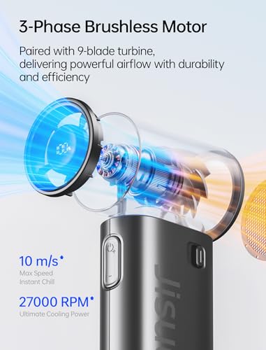 JISULIFE 9S Turbo Power Portable Fan with 5000mAh Battery and 5 Speeds of Runtime up to 22 Hours - Black