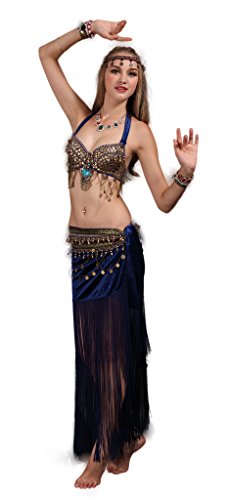 GUILTY BEAUTY Tribal Belly Dance Costume,Halter Bra Hip Scarf 2pcs,Blue,S,GBZY0031-S-BL