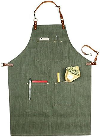 Phonyeer Green Denim Bib Apron w/ Leather Strap Barista Barber BBQ Chef Florist Work Wear (Green Denim/Brown Strap, M)