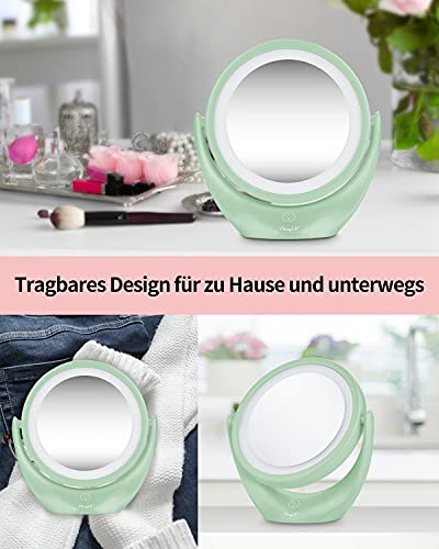 CkeyiN LED Spiegel für Schminkspiegel mit Beleuchtung Doppelseiten 1x / 5X Vergrößerung Kosmetikspiegel,360 °Schwenkbar, USB Aufladbares, Make up Spiegel für Zuhause und Unterwegs (Grün)