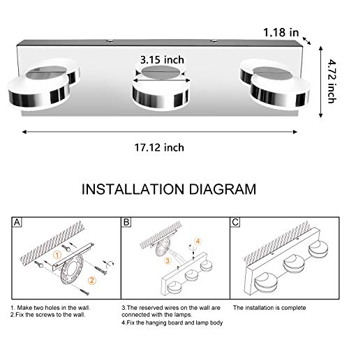 OOWOLF LED Bathroom Vanity Lights, 17.12 inches 10W 3Light 6000K