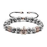 Natural Gemstone Bead Bracelets - 8mm Natural Maps Stone Picasso Stone Beads Bracelet, Men Women Stress Relief Yoga Beads Elastic Semi-Precious Gemstone Bracelet Knight Head Charm Bangle