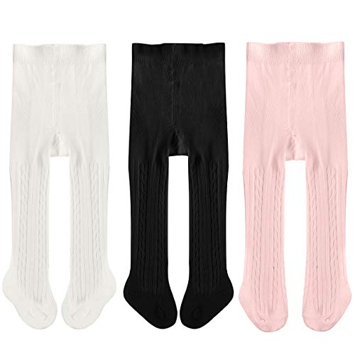3 Pack Newborn Baby Leggings Cotton Seamless Baby Tights Toddler Infant Footed Stocking Pantyhose for Baby Boys Girls (6-12 Months, White Pink Black)