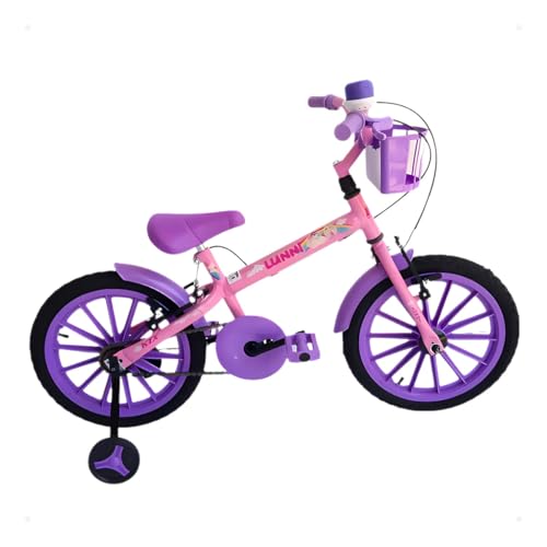Bicicleta Infantil Aro 16 Menina Rosa e Roxa com Rodinhas Buzina e Cesta