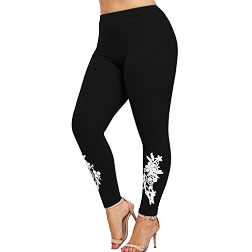Salute Women Plus Size Lace Applique Elastic Leggings Trousers Yoga Sport Pants Black (XXXL)