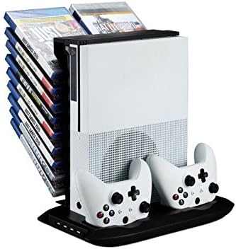 FanJazz Xbox One S Vertical Stand Cooling Fan, Dual Controllers Charging Station, 18 Slots Game Storage and 4 Ports USB Hub. The 4-in-1 Cooler for your XBOX ONE S