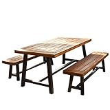 Christopher Knight Home 298403 Bowman Wood Outdoor Picnic Table Set | Perfect for Dining, Brown + Black Rustic Metal