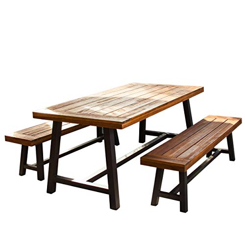 Christopher Knight Home 298403 Bowman Wood Outdoor Picnic Table Set | Perfect for Dining, Brown + Black Rustic Metal