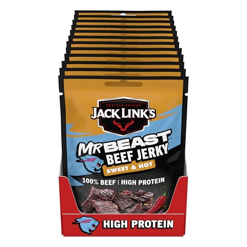 Jack Links Beef Jerky Sweet & Hot, 12 stuks (12 x 60 g), droogvlees eiwitsnacks, proteïnerijke snack voor gym, fitness, outdoor, American Food voor mensen, snacks van gedroogd rundvlees