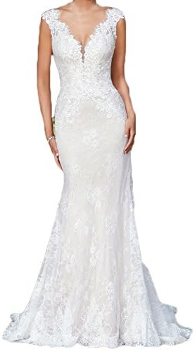 Jdress Women's Embroidery Lace Mermaid Wedding Dresses V-Neck Bridal Gowns Plus Size