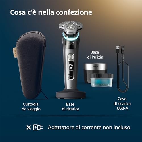 Shaver i9000 Prestige, rasoio elettrico Wet & Dry, tecnologia Skin IQ, triplo sistema di sollevamento e taglio, doppie lame di precisione in acciaio 360º, pod di pulizia rapida, XP9202/30
