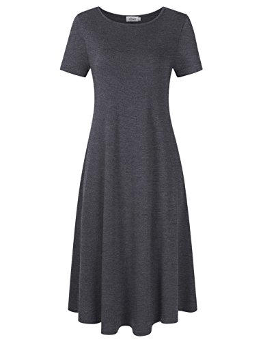 MISSKY Spring Dress,Short Sleeve Round Neck Pocket Loose Midi Dress - Dark Dresses Gray With Short Sleeves Plus Size