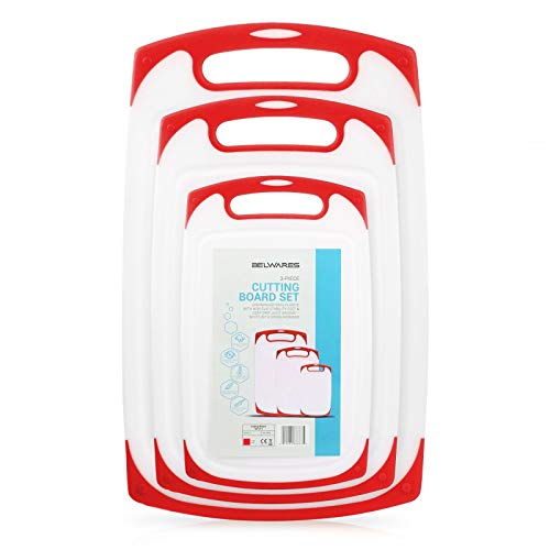 Plastic Cutting Boards Set of 3, Dishwasher Safe Reversible Cutting Boards with Non-Slip Feet & Deep Drip Juice Groove for Chopping Foods, BPA Free, FDA Approved Materials & Eco Friendly (Red) - Thumbnail 7