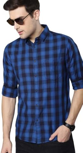 Dennis Lingo Men's Checkered Blue Slim Fit Casual Shirt