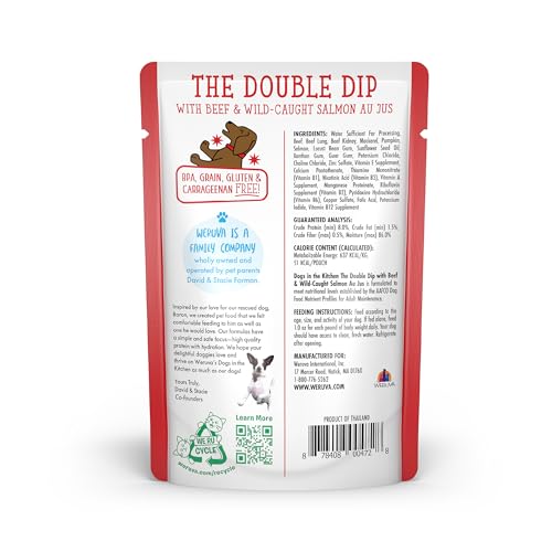 WERUVA DOGS IN THE KITCHEN, THE DOUBLE DIP WITH BEEF & WILD-CAUGHT SALMON AU JUS DOG FOOD, 2.8OZ POUCH (PACK OF 12), RED
