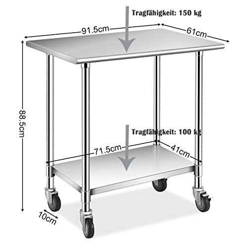 GIANTEX Edelstahl Arbeitstisch Edelstahltisch mit Rollen, Küchentisch mit höhenverstellbarer Ablage, 2 Ebenen, 91,5 x 61 x 88,5 cm, Küche Lebensmittel Zubereitungstisch, für Küche Bar – Bild 7