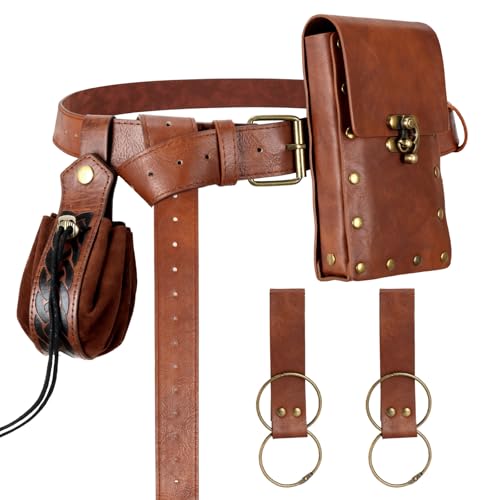 Renaissance Belt Pouch Medieval Viking Pirate Leather Bag Potion Bottle Set Skirt Hike Halloween Cosplay Costume Accessorie (Brown, Belt Pouch)