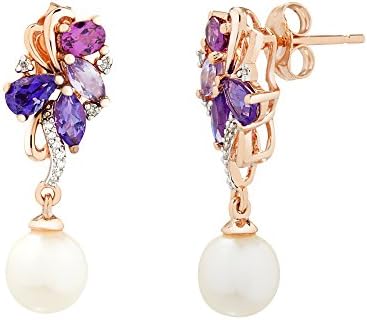 Sterling Silver Rose Gold Plated Diamond Accent multicolor stone &amp; 7MM Freshwater Cultured Pearl Earrings