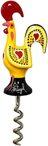 Traditional Hand-Painted Portuguese Rooster Corkscrew - Metal Good Luck Wine Bottle Opener, Decorative Bar Tool (Yellow)