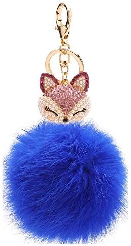 WongSinTong Novelty Pearl Fox Head with Rabbit Fur Ball Charm Key Chain for Car Key Ring or Bag (Royal Blue)