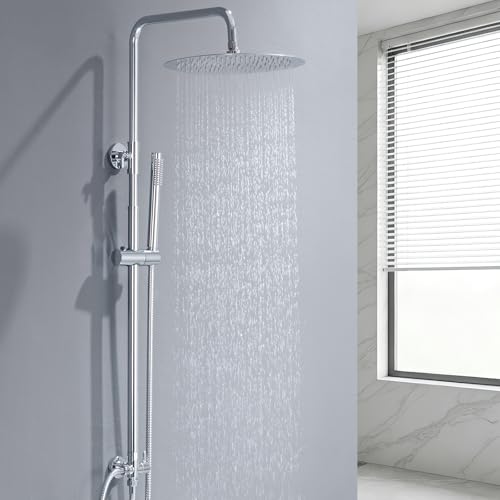 Auralum Columna Ducha sin Grifo, Set de Ducha con Cabezal de Ducha Lluvia 25×25 cm Acero Inoxidable, Alcachofa, Barra de Ducha Altura Regulable 68-108cm,válvula desviadora de Latón, Cromo