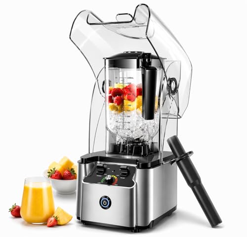 WantJoin Licuadora Comercial Profesional con Carcasa de Protección Acústica Silenciosa 2200W Potencia Industrial Fuerte y Silenciosa de Grado Profesional, Autolimpiante, Plateado