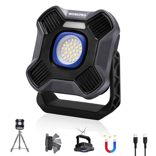 WORKPRO Rechargeable LED Spotlight with Magnets, 5 Modes, 180° Rotating Base, 2000LM Portable Work Light, with 4000mAh Battery for Camping, Garden, Fishing, Garage and Emergencies