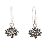 Small Detailed Lotus Blossom Flower Dangle Earrings in Sterling Silver, #7435