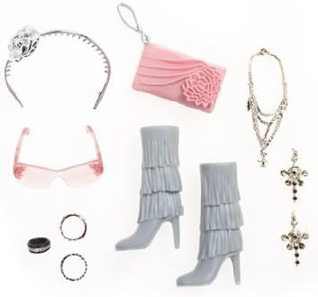 Moxie Teenz MT Fashion Accessories - Gray High Heel Boots, Pink Pocketbook, Sunglasses and Jewelry