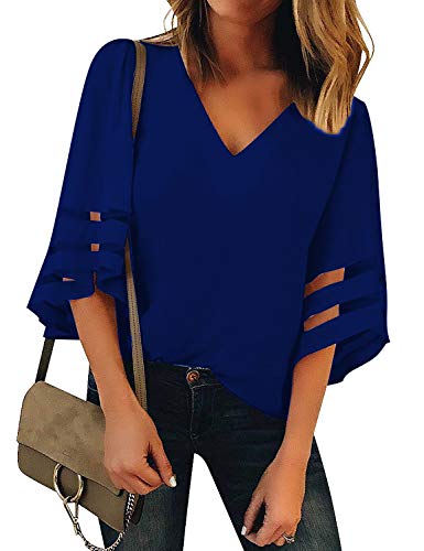 Hount Women's Casual Chiffon V Neck 3/4 Bell Sleeve Blouse and Tops Shirts with Mesh Patchwork