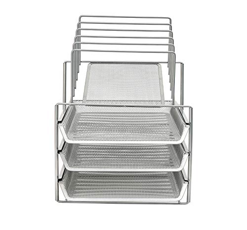 Exerz Desk Organizer Wire Mesh 3 Layer Sliding Letter Trays with 5 Upright Sections/Dividers/Paper Sorter/Desk Multifunctional File Holder Filing Shelves for Office, School Silver (EX2428-SLV)