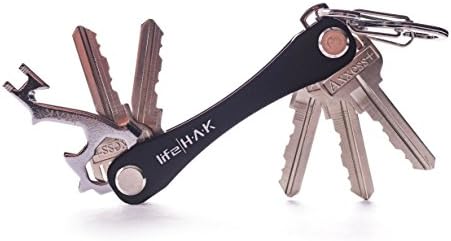 Compact Smart Key Holder Organizer by LifeHAK (Holds up to 14 Keys) with Quick Release Carabiner and Stainless Steel 5-in-1 Multi Tool (Black)