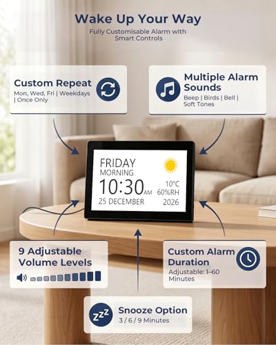 ROCAM 10 Inch Digital Clock, Digital Alarm Clock with Large Screen, Calendar, 20 Alarms and Reminders, 18 Ringtones, 12 Themes, Temperature and Humidity, USB and SD Photo Album | Pantalla grande 10,1", 20 alarmas, recordatorios personalizados, fotos USB/SD, temperatura, humedad, pared o mesa